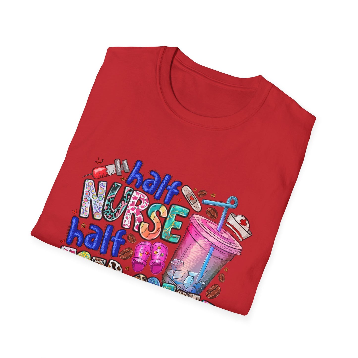 Nurse & Iced Coffee Graphic Tee — “Half Nurse Half Iced Coffee” Cute Medical Coffee Shirt