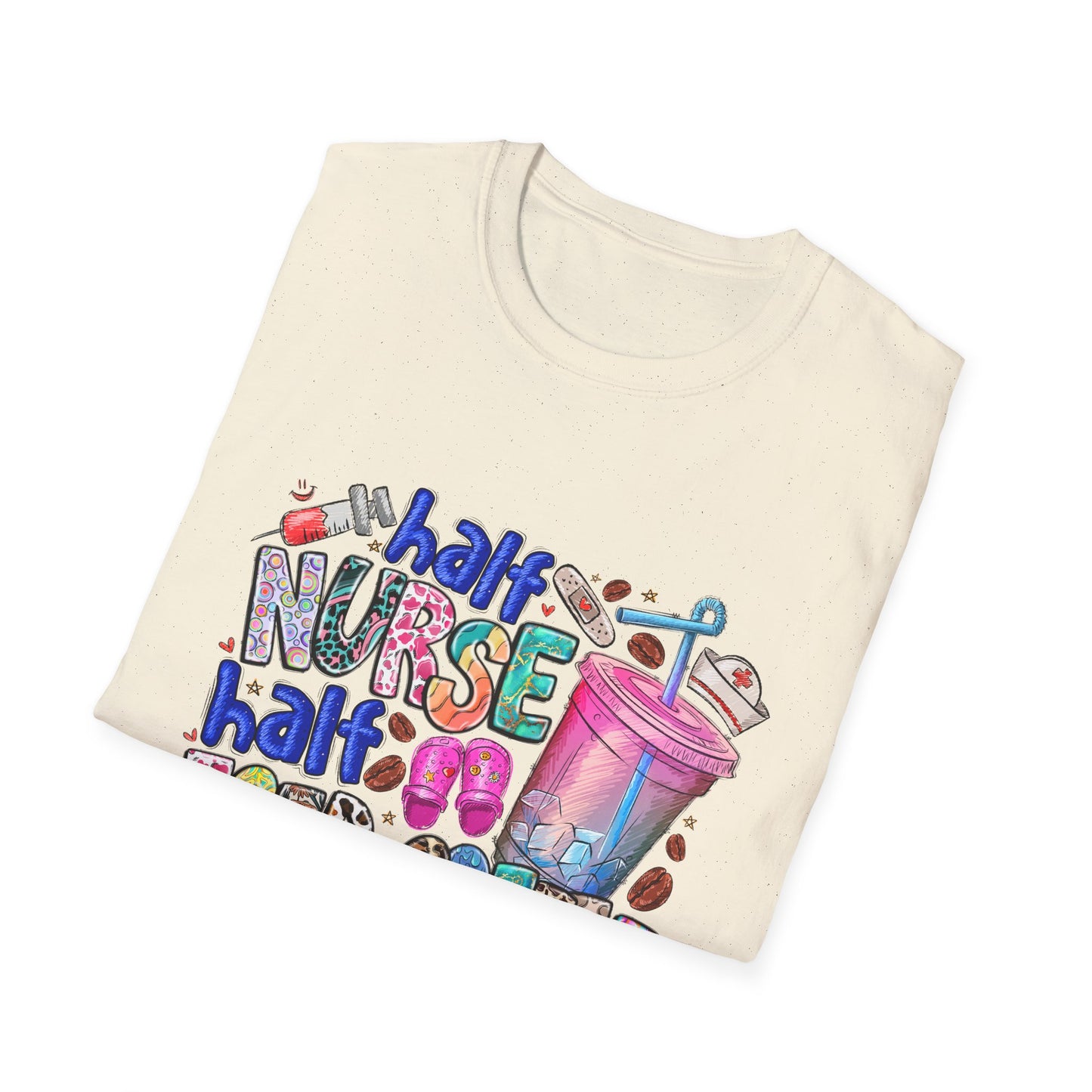 Nurse & Iced Coffee Graphic Tee — “Half Nurse Half Iced Coffee” Cute Medical Coffee Shirt