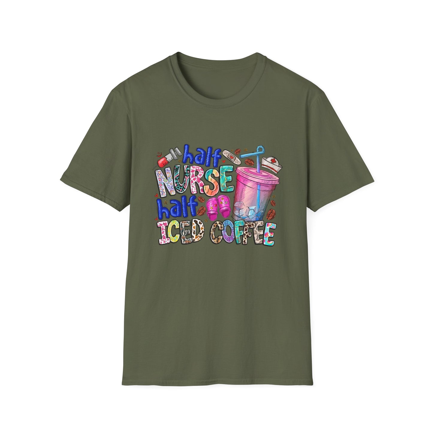 Nurse & Iced Coffee Graphic Tee — “Half Nurse Half Iced Coffee” Cute Medical Coffee Shirt