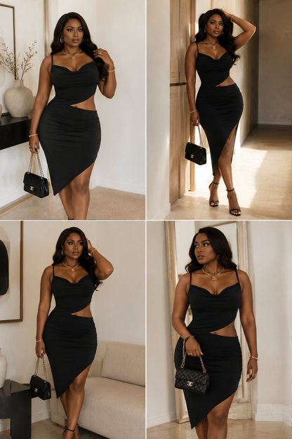 Cowl Neck,metal Chain-link Hardware Accents Midi