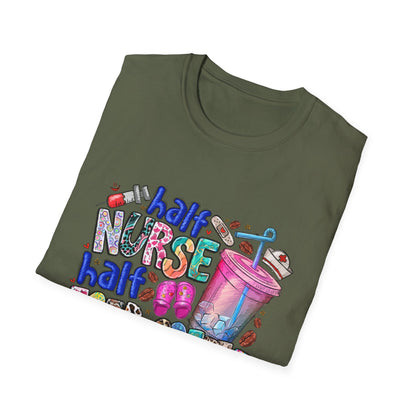 Nurse & Iced Coffee Graphic Tee — “Half Nurse Half Iced Coffee” Cute Medical Coffee Shirt