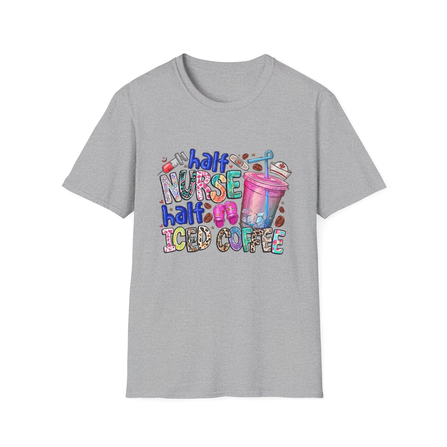 Nurse & Iced Coffee Graphic Tee — “Half Nurse Half Iced Coffee” Cute Medical Coffee Shirt