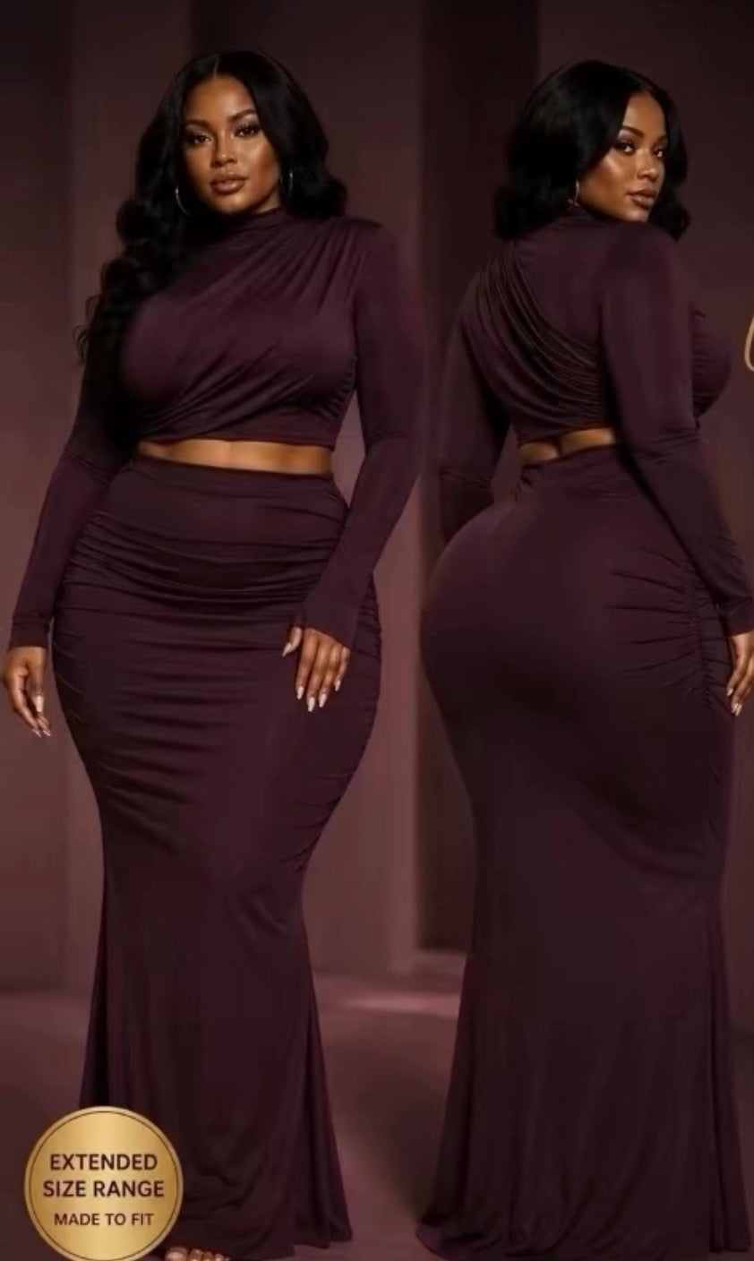Curvy Shirring Detailed Top & Long Skirt Set