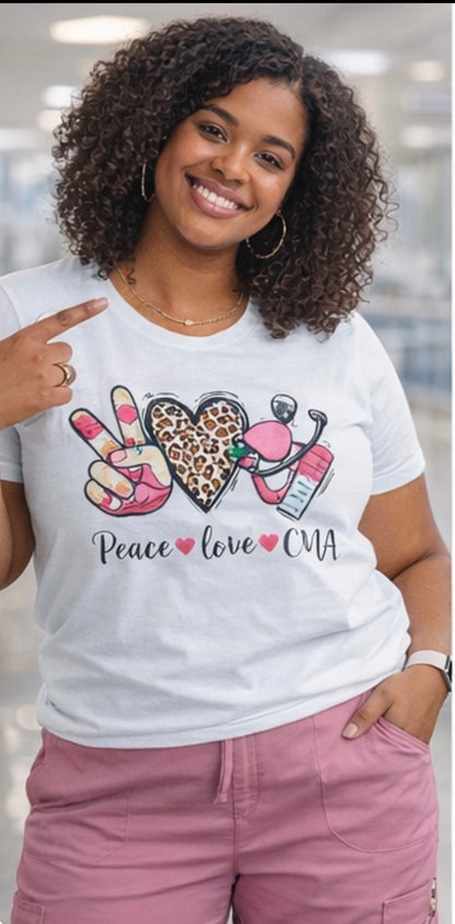 Peace Love CMA T-Shirt - Cute Leopard Print Nursing/Medical Tech Tee