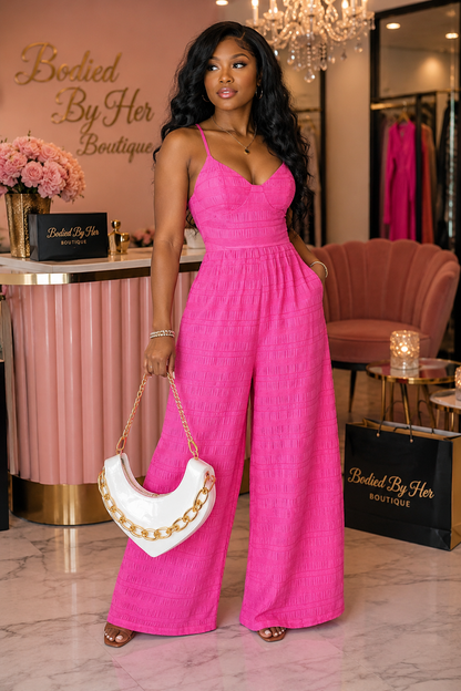 Women's Elegant Pink Sleeveless Jumpsuit With Back Bow V-Neck Palazzo Pants